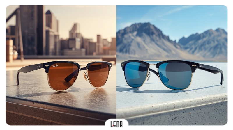 عینک‌های Ray-Ban با پس زمینه شهری و ‌Oakley با پس زمینه کوهستانی